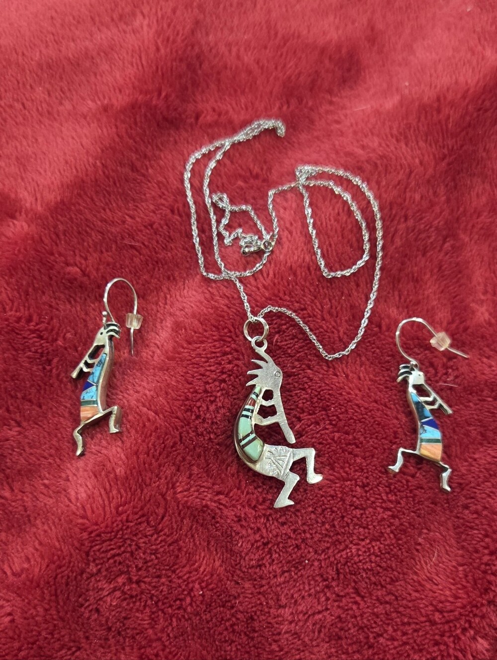 Sterling Silver Kokopelli Inlay Necklace & Earrings Set - Multicolor